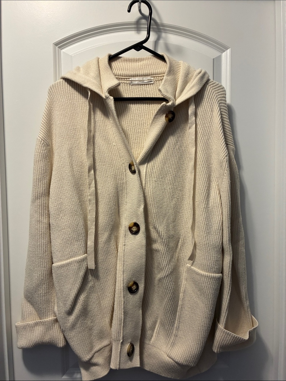 Cream Hooded Button-Front Knit Cardigan